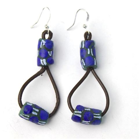 African trade bead on leather earrings