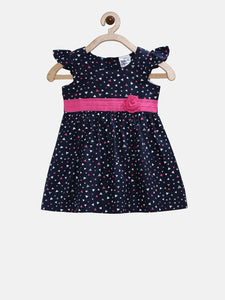 Girls Navy Blue & Pink Printed Fit & Flare Dress