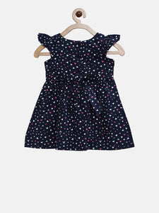 Girls Navy Blue & Pink Printed Fit & Flare Dress