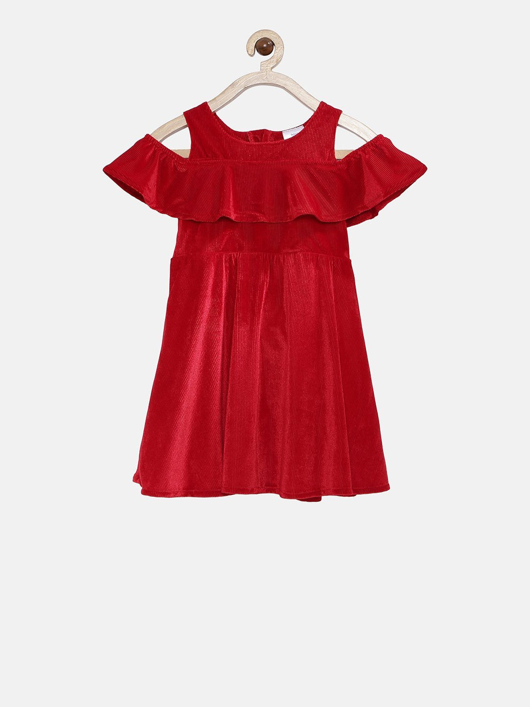 Girls Red Self Design Fit and Flare Dress