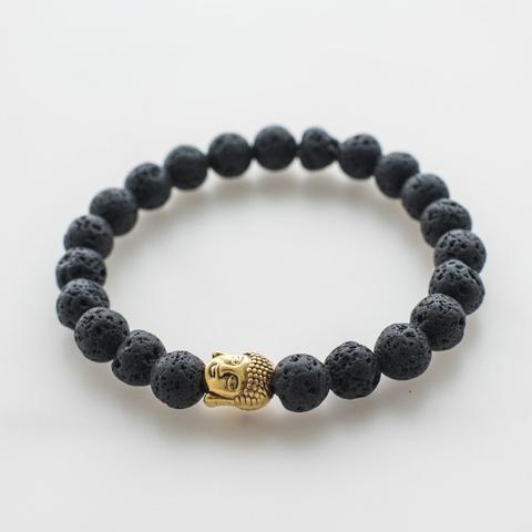 Man's Bracelet with Black Lava Beads and Buddha Head