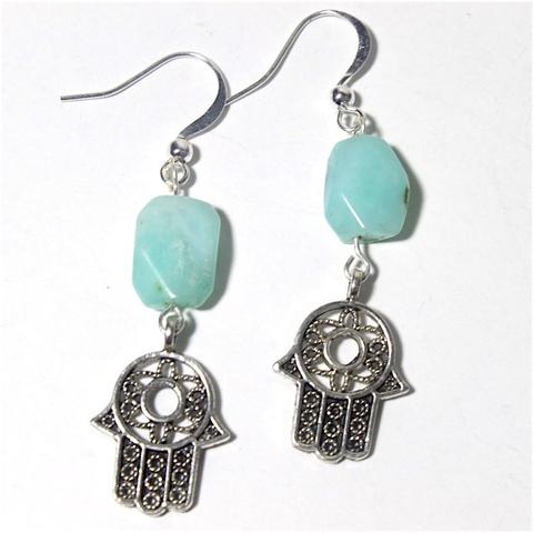 Berber Hamsa Earrings with Amazonite Nuggets